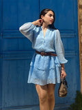 MQTIME  -  Cotton Ruffles Mini Dress Women Long Sleeve V-neck Elegant High Waist A-line Dresses Female 2025 Summer Button Up Street Robe