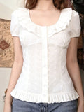 MQTIME  -  Basic Summer Solid U Neck Short Sleeve Single Breasted American College Girls Slim Top Female