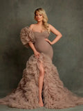 MQTIME  -  Grey Mermaid Prom Dresses Sweetheart Maternity Gowns for Girls Ruffled Pregnancy Photoshoot Robes Slit Customized  Babyshower