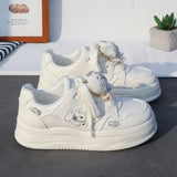 MQTIME  -  Women Cute Puppy Print Platform Sneakers, Cream White Thick Sole Lace Up Board Shoes Kawaii Girls Casual Student Footwear