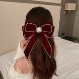 Mqtime Big Velvet Bowknot Inlaid Rhinestones Imitation Pearl Hair Clips for Women Girls Vintage Soft Hairgrip Autumn Winter Accessories