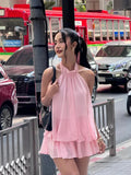 MQTIME  -  Elegant Pink Halter Dress Women Fashion Sleeveless Backless Layered Ruffle Loose Dresses  Summer Lady Beach Vacation Robes