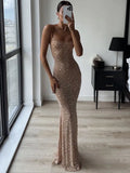 Mqtime Elegant Sequin Female Maxi Dress Fashion Glitter High Waist Bodycon Sexy Diamond Backless Spaghetti Strap Birthday Night Club Ou