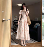 MQTIME  -  2024 Summer New Fragmented Flowers Show Slim Temperament First Love French Square Neck Chiffon Dress Lantern Sleeves Rose Print