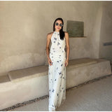  MQTIME  -  Elegant Elegant Butterfly Print  Sleeveless Long Dress Women Halter Backless Lace Up Slim A-line Dresses New Lady Party Robes