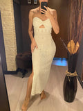 MQTIME  -  Sexy Strapless Bandeau Dress Hollow Out Crochet Knitted Tunic Beach Cover Up Cover-ups Beach Dress Beachwear Women DV5321B