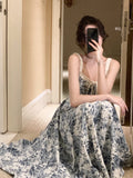Mqtime French Floral Strap Midi Dress Woman Elegant Sleeveless Even Party Dress Office Lady Summer Beach Casual Korean Style Dress