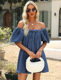 MQTIME  -  Summer New Fashion Square Neck Women Bubble Sleeve Dress Simple Strap Up Elegant Female Denim Short Dresses