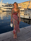 MQTIME  -  Patchwork Multi Print Cowl Neck Women's Dresses Thin Strap Bodycon Skirt Flared Hem Bodycon Skirt Full Length New Fashion