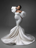 MQTIME  -  Luxury Satin Mermaid Pregnancy Dresses Puff Sleeves Taffeta Long Maternity Dress For Photography Formal Prom Party Gowns