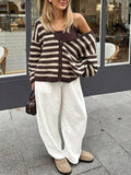 MQTIME  -  Autumn Winter New Fur Soft Button Jumpers Vintage Stripe Print Long Sleeve Cardigans Elegant V-neck Women's Commute Sweater Coat