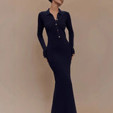  MQTIME  -  French Autumn and Winter Knitted Dress Women's Slim Fit Button Comfortable Temperament Elegant Long Sleeved Versatile Long Skirt