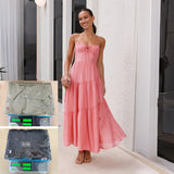 MQTIME  -  Beach Dress Solid Color Strapless A-line Maxi Dress Spliced Vacation Long Layered Dress Mujer Vestidos Boho Sundress