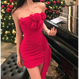 MQTIME  -  Celebrity Heavy Industry Three-dimensional Flower Pleated Streamer Sexy Waist Hip Skirt New Tube Top Dress Women