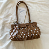 MQTIME  -  Cute Pink Polka Dot Ruched Underarm Bag Ladies Bow Detail Star Tassel Charm Handbags Female Casual Daily Shoulder Purse