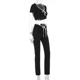 MQTIME  -  Women Summer Fashion Short-sleeved Tees+Long Pants Sets Female Crop Tops 2Pcs Sets Clothes Lace-up Sexy Slim T-shirts Pantsuit