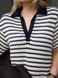 MQTIME  -  Loose Women Knitted Stripe Contrast Dress Polo Neck Casual Commuter Female Short Pullover Knit Dress Elegant Office Vestidos