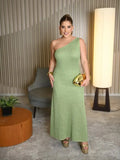 MQTIME  -  Slanted Shoulder Knitted Dress Women Elegant Solid Sleeveless Waist Cinching Long Vestido Casual Lady Evening Party Dresses