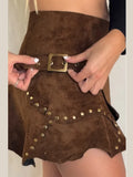 MQTIME  -  Fashion Lrregular lotus Leaf Hem Suede Miniskirt A-line Metal Button Decoration skirt 2025 New Lady Autumn Winter Y2k Clothing