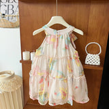 MQTIME  -  Summer Korean Children Girl Vestidos Cotton Sleeveless Floral Printed Baby Girls Dress Straps Tulle Toddler Girls Princess Dress