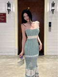 MQTIME  -  Hollow Knitted Suspender Skirt Summer Vacation Style Slim Temperament Spice Girl Hip Wrap Long Skirt