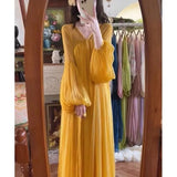 MQTIME  -  Spring Solid Color Pleated Dress Women Elegant V-Neck Long Lantern Sleeve Chiffon Dresses Boho Casual Holiday Midi Vestidos 316B