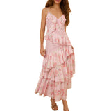 MQTIME  -  Women Floral Print Lace Patchwork Sleeveless V-Neck Backless Irregular Tiered Ruffle Layered A Line Long Slip Dress