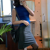 MQTIME  -  Women Gray Vertical Stripe Pencil Skirts High Waist Vintage Slim Knee Length Autumn Elegant Office Business Bodycon Midi Skirts