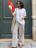  MQTIME  -  Black White Vertical Stripe Drawstring Wide-Leg Pants 2026 Summer Elastic Hip-Hiding Slimming Street Casual Floor-Length Pants