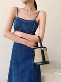 MQTIME  -   French Denim Camisole Dress For Women'S Summer Retro Washed High-Quality Fabric Design, Slim Slit Long Skirt