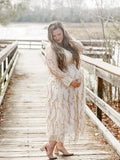  MQTIME  -  Elegant Sequin Maternity Dress Photoshoot Beige Long Sleeve V Neck Pregnancy Gown Vintage Maternity Photography Glitter Dresses