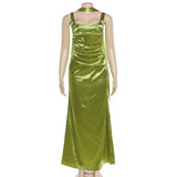 MQTIME  -  Elegant Pleated Satin Birthday Party Maxi Dress with Scarf Ribbon Women Sexy Spaghetti Straps Backless Vacation Long Robe