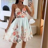 MQTIME  -  Sexy Deep V High Waist Short Dress Fashion Pattern Printed Strap Holiday Dress Women's Elegant Backless Pleated Beach Dress