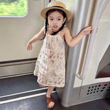 MQTIME  -  Vintage 100% Linen Flower Print Girls Dress With Pockets Summer New Baby Girl Sleeveless Casual Loose Spaghetti Strap Dresses