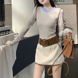 MQTIME  -  2024 Autumn New Streetwear O-neck Contrast Color Patchwork Casual Long Sleeve T-Shirt Women + Sexy A-line Skirt Two-piece Suit