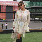  MQTIME  -  Fashion Printed Patchwork Short Dresses Women Elegant Long Sleeve Hollow High Waist Belt Mini Dress Lady Summer Chic Caual Robe