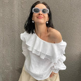  MQTIME  -  European and American Commuter Women's French Style White Cotton Ruffled Asymmetric Collar Shirt