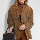 MQTIME  -  Autumn Winter Woomen Suede Jacket With Lapel Woman Casual Single Breasted Pocket Long Sleeve Short Coat Street Overcoat