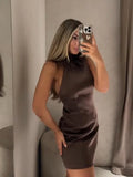  MQTIME  -  Women's Feather Patchwork Short Dresses Vintage Brown Slim Fit Backless Mini Dresses Party Evening Gown Casual Streetwear