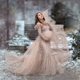 MQTIME  -  Vintage  Mermaid Maternity Dresses High Neck Long Sleeves Pregnant Gowns With Detachable Train Bathrobes for Photo Shoot