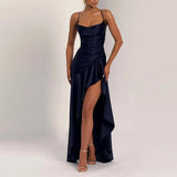 MQTIME  -  Luxury Irregular Solid Prom Gown Temperament High Waist Sleeveless Satin Dress Sexy Off Shoulder Slim Halter Long Robes
