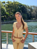 MQTIME  -  Women Striped 2 Piece Matching Set Beige Short Sleeve Deep V Crop Flare Pants Sexy Retro Outfit Summer Beach Street Chic Wear