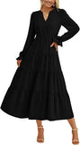  MQTIME  -  Autumn Long Dress Long Sleeve V Neck Layered Ruffle Edge Elegant A Line Cocktail Party Cw12909