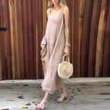MQTIME  -  Elegant V Neck Loose Suspender Dress Lady Vintage Linen Sleeveless Pocket A-line Dress Leisure Sleeveless Irregular Solid Robes
