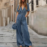 MQTIME  -  Women's Short Sleeve Blue Jumpsuit Summer Original Creation Button Down Wide Leg Long Pants Rompers with Pockets