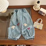 MQTIME  -  Infant Baby Girl Spring Jeans Cotton Bear Embroidery Loose Children Girl Lantern Pants Elastic Waist 1-6Y Girls Denim Pants