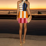 MQTIME  -  Backless Sexy Island Beach Mini Dress Casual Bohemian Slim Summer Coquette Short Dresses Blocking Color Lady Halter Tie Up Dress