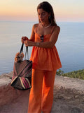  MQTIME  -  Orange Drawstring Women Wide Leg Pants Suit Elegant Sleeveless Ruffles Pleated Hem Sling Tops Lady Two Piece Set Street Outfits