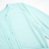  MQTIME  -  Women Light Blue 3/4 Sleeve Crop Top Front Tie Cutout V Neck Wrap Ruched Slim Fit Y2K Casual Elegant Basic Tee Shirts