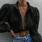 MQTIME  -  Sexy Hollow Loose T Shirt New Women Turn-down Collar Single Breasted Office Shirt Elegant Embroidery Solid Color Long Sleeve Top